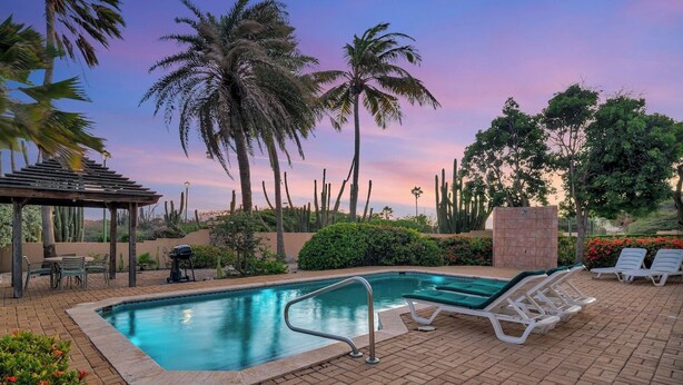 A swimming pool with lounge chairs and a pergola, surrounded by cacti and palm trees. - Tierra del Sol home w/ private pool and BBQ! (Noord)