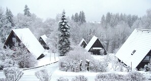 Una hilera de cabañas con techos inclinados, rodeadas de árboles y arbustos cubiertos de nieve.