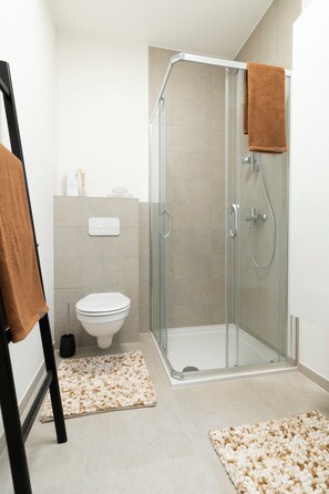 Douche, serviettes fournies, savon, papier de toilette