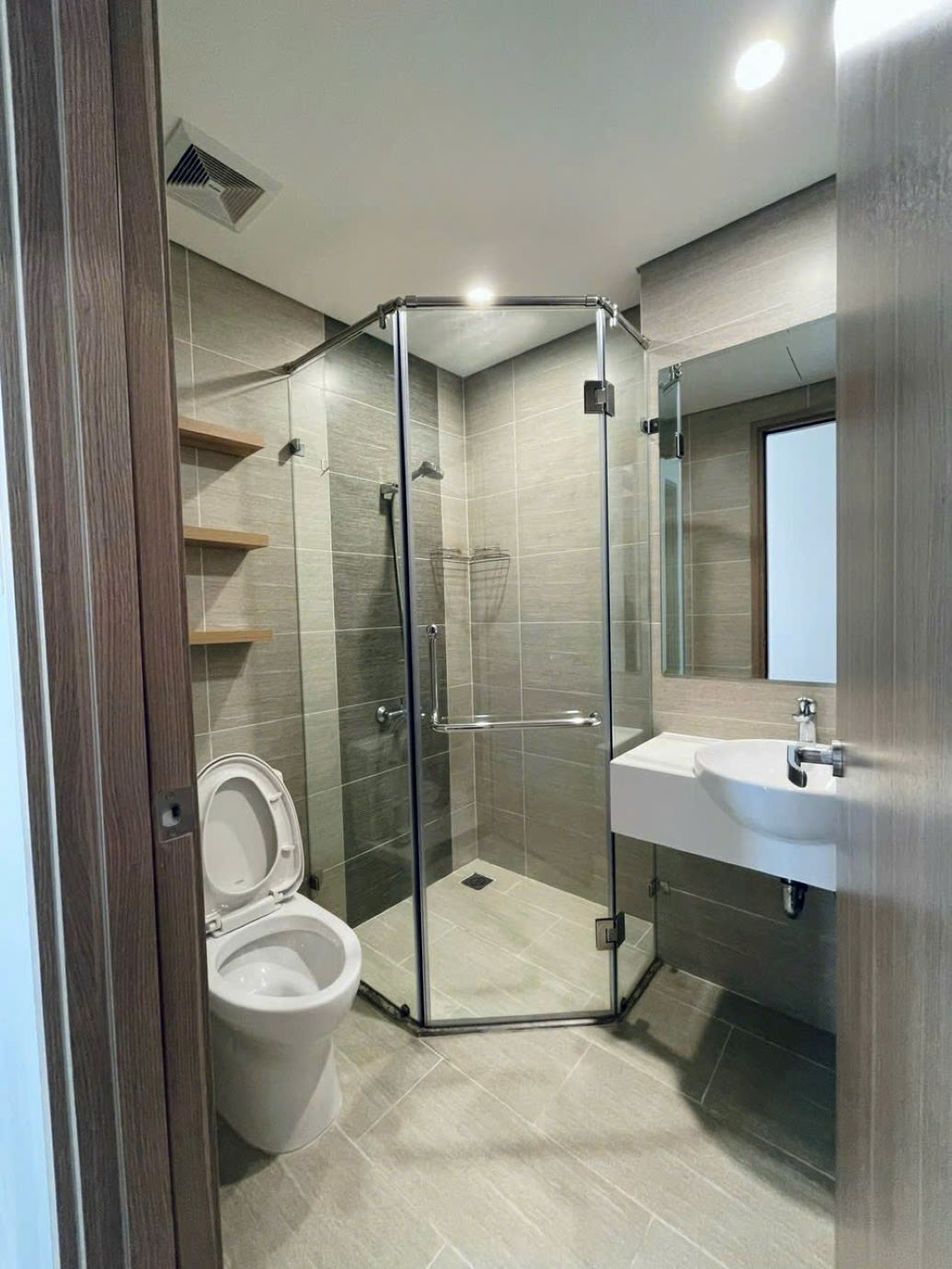 A modern bathroom with a glass-enclosed shower, a toilet, and a sink with a mirror above it.