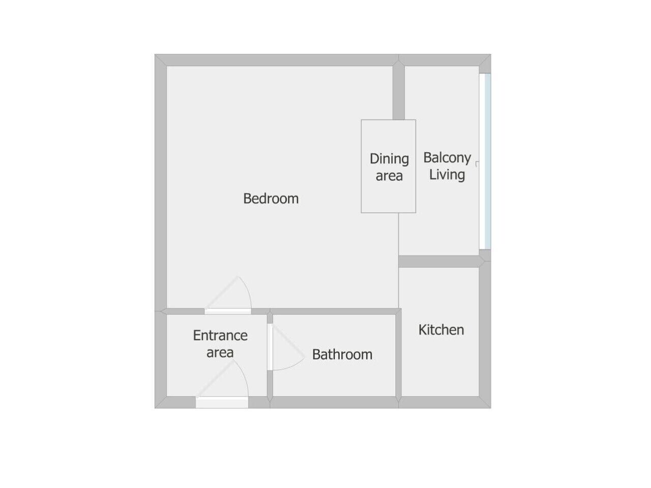 A floor plan with a bedroom, dining area, balcony living, entrance area, bathroom, and kitchen.