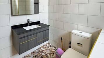 Shower, towels, soap, toilet paper