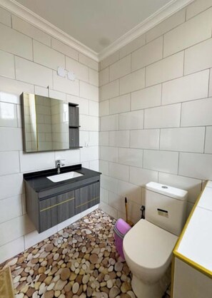 Shower, towels, soap, toilet paper