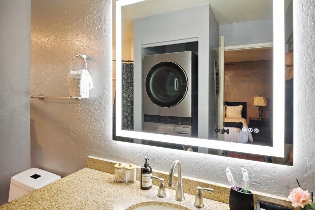 Hair dryer, towels, soap, shampoo