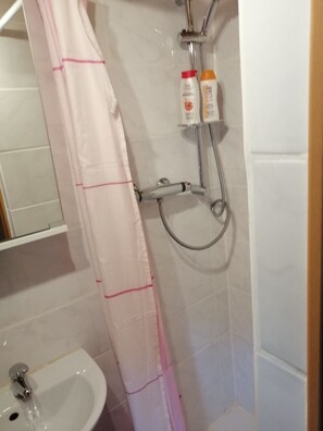 Hair dryer, towels, soap