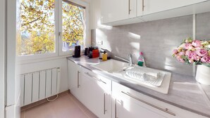 A modern kitchen with a large window, a sink, and a countertop with various items. - Edenhome + 1 parking lot (Colmar)