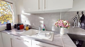 Fridge, oven, coffee/tea maker, electric kettle