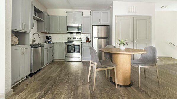 Fridge, dining tables