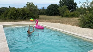 A swimming pool with a person playing with a ball and a pink flamingo float. - The farmhouse at the foot of the Ventoux (Carpentras)