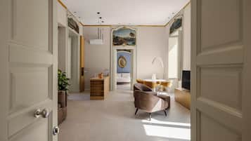 Luxury-Vierbettzimmer, Balkon, Stadtblick | Wohnbereich | LED-Fernseher