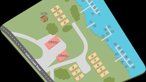 A campsite layout with numbered tents, a cabin, and private areas along a river.