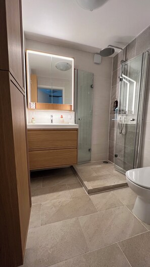 Shower, hair dryer, towels, soap