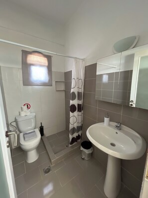Een douche, een haardroger, handdoeken, zeep