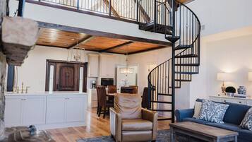 Smart TV, fireplace, books