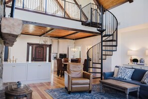 Smart TV, fireplace, books