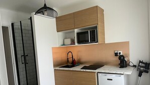 Une cuisine compacte avec des meubles en bois, un four à micro-ondes encastré, un évier et un réfrigérateur de petite taille.