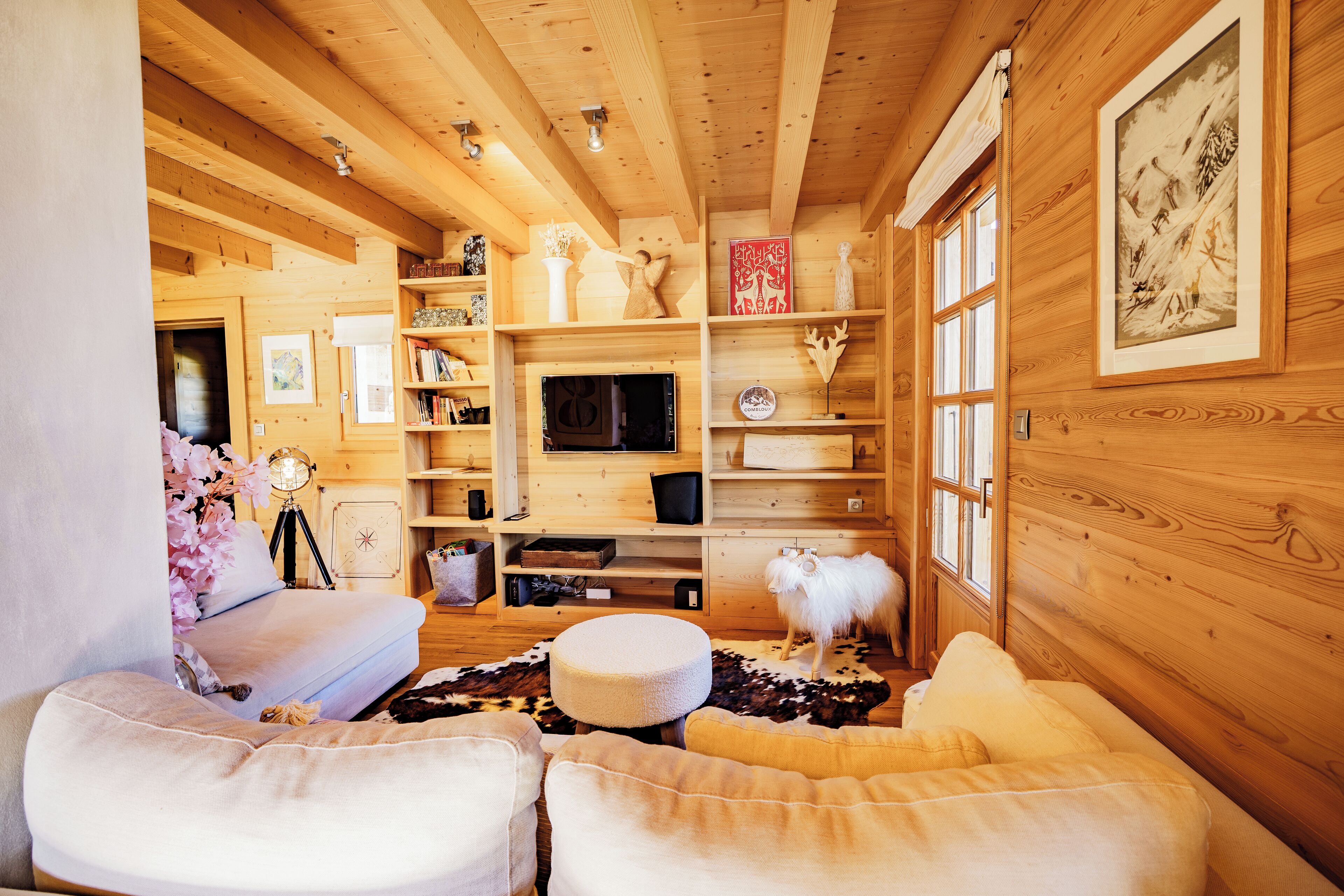 Tv, eldstad och böcker