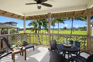 Outdoor dining - Poipu Retreat: 3BR with Ocean & Golf Views, Lanai Sunsets, Pool & Central A/C (Koloa)
