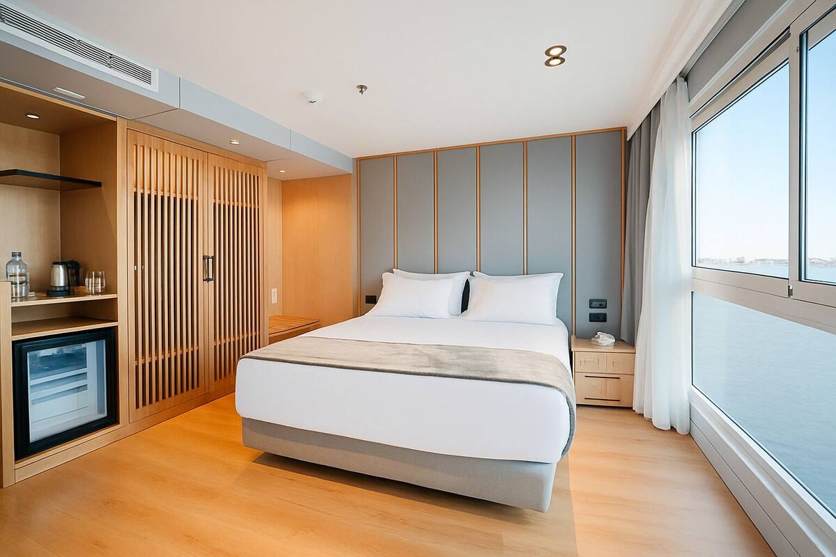 A modern hotel room with a large bed, a built-in wardrobe, a minibar, and a large window offering a view.