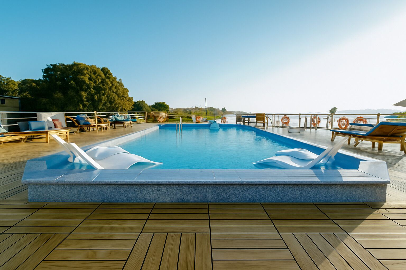 Outdoor pool, pool umbrellas, sun loungers