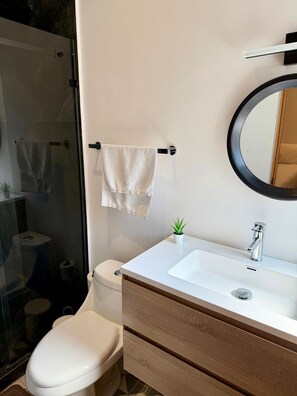 Shower, hair dryer, towels, soap