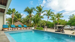 A swimming pool with lounge chairs and palm trees. - Hibisco Belize (San Pedro)