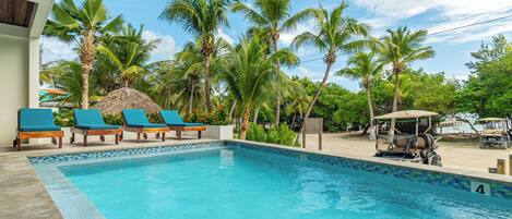 A swimming pool with lounge chairs and palm trees.