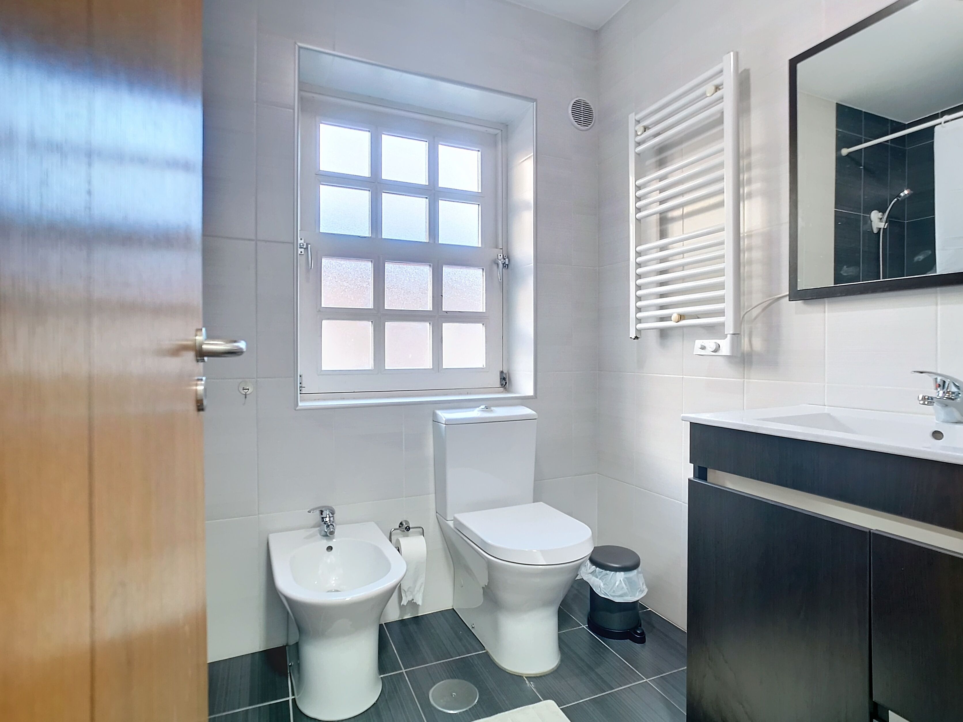 Hair dryer, bidet, towels, soap