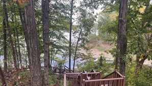 Eine Holztreppe führt zu einer Aussichtsplattform, umgeben von Bäumen.