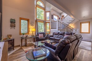 TV, fireplace, books