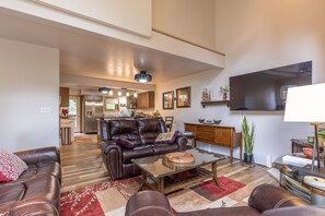 TV, fireplace, books