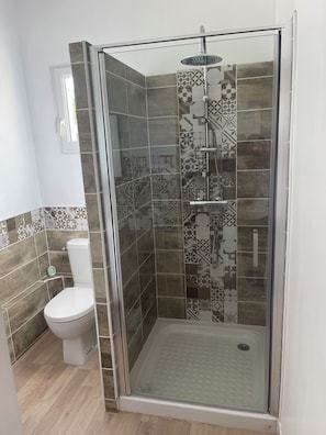 Shower, hair dryer, towels, toilet paper