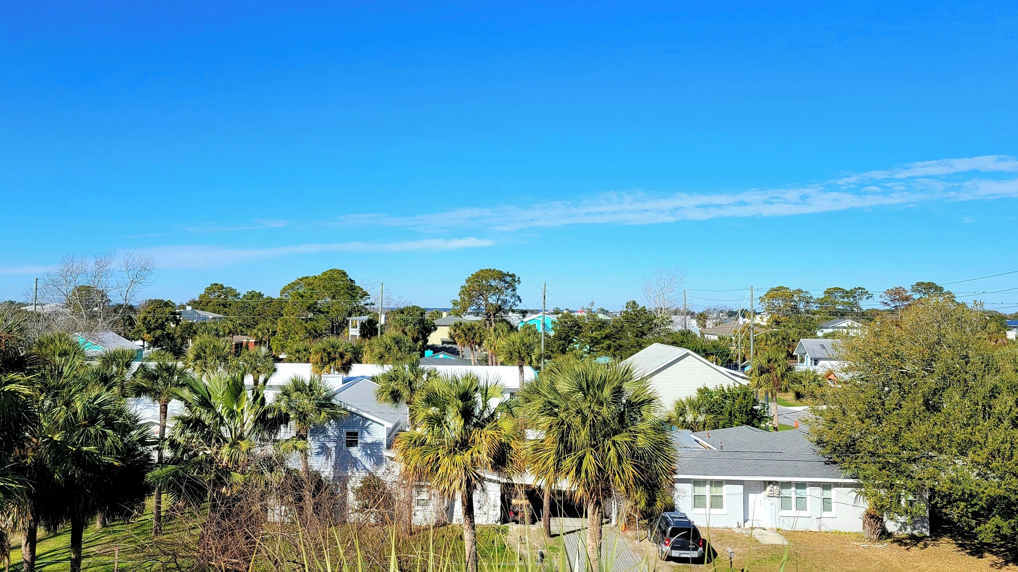 Una zona residencial con casas, palmeras y un cielo azul despejado.