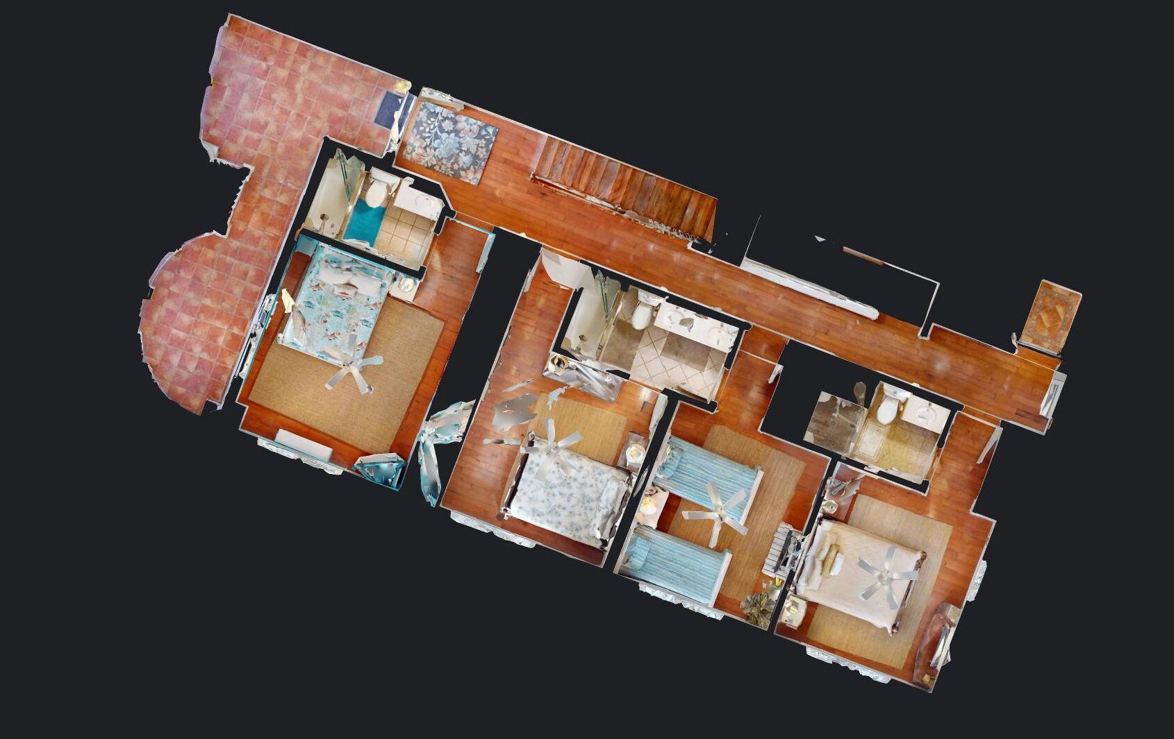 A 3D floor plan of a hotel with multiple rooms, a kitchen, and a bathroom.