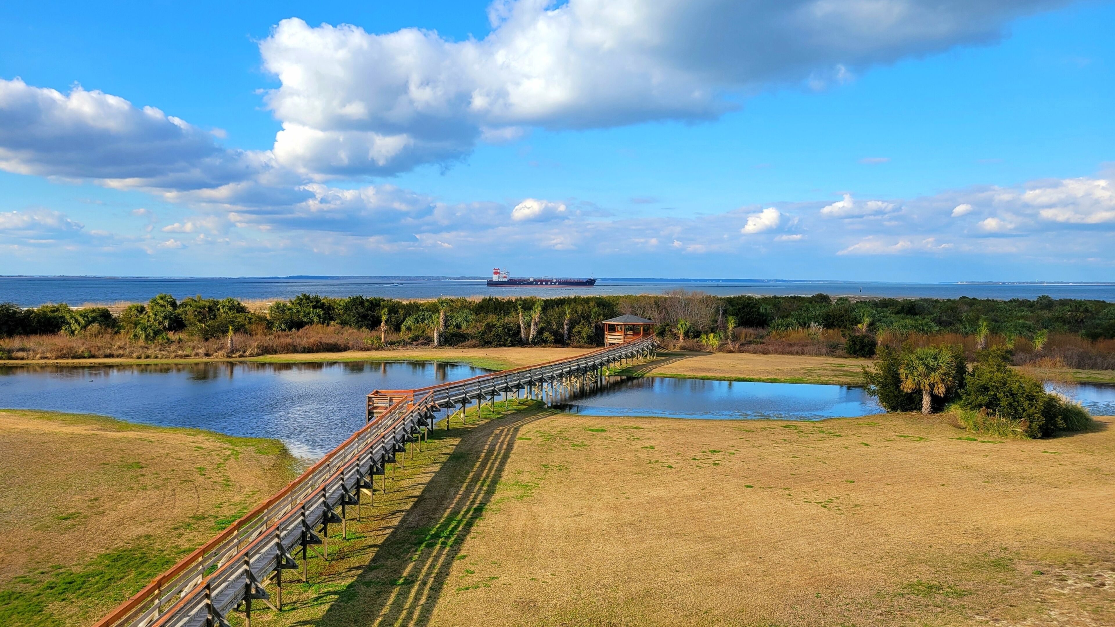 A coastal landscape with a wooden boardwalk, a small dock, and a large ship in the distance.
