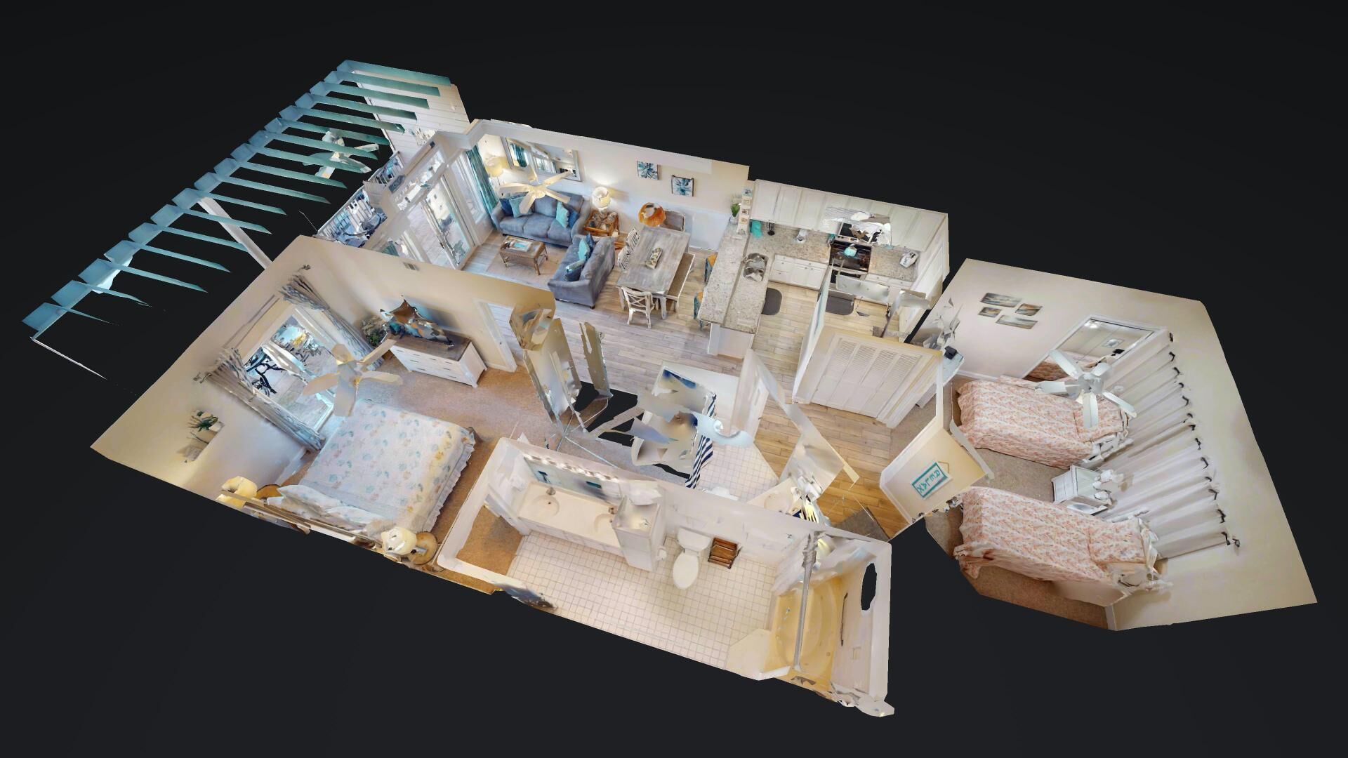 A 3D model of a hotel room with a balcony, a living area, a kitchen, a bathroom, and two beds.