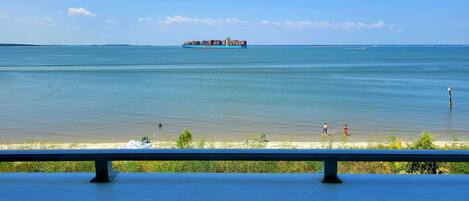 A view of a calm sea with a cargo ship in the distance, a sandy beach, and a few people walking along the shore.