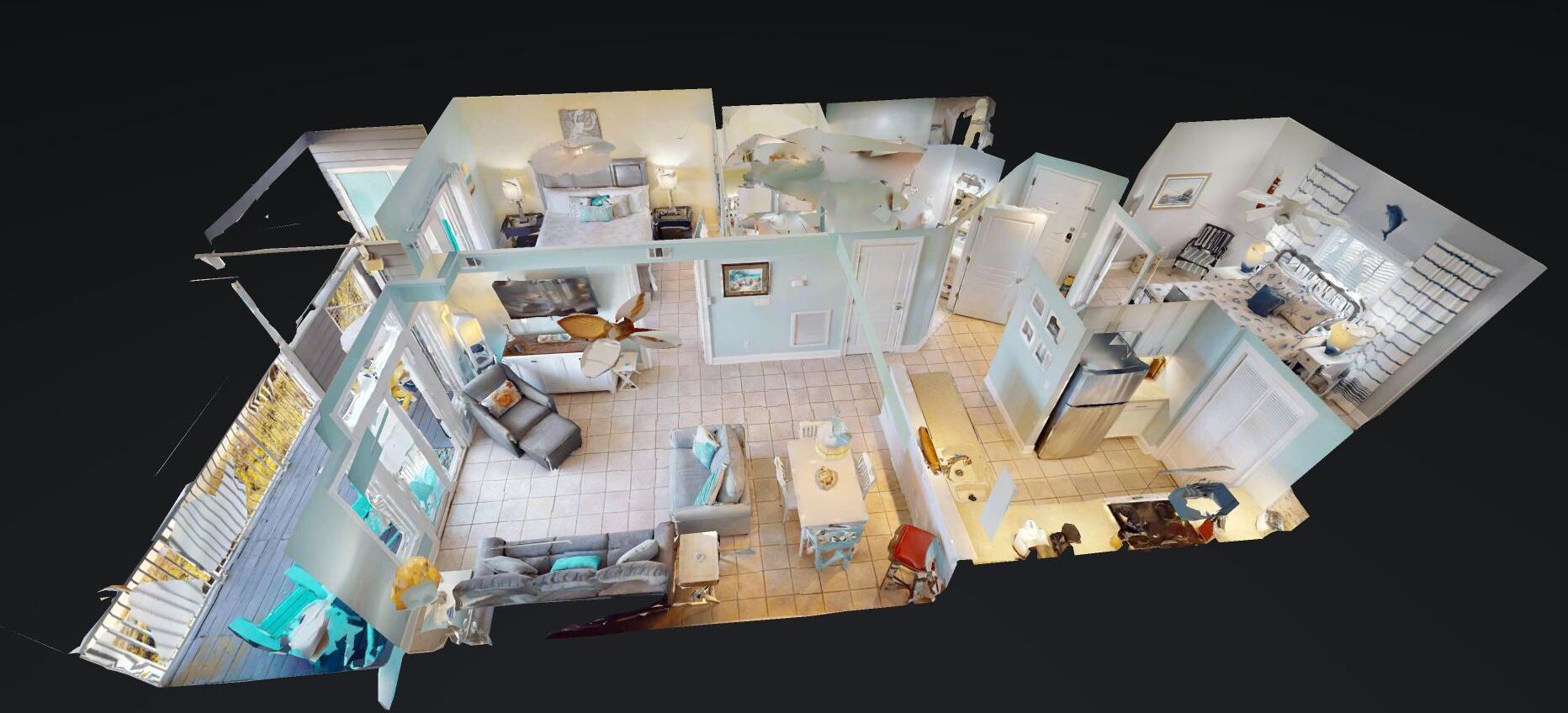 Un modèle 3D d’une chambre d’hôtel comprenant un lit, un bureau, une chaise, une table et un coin cuisine.