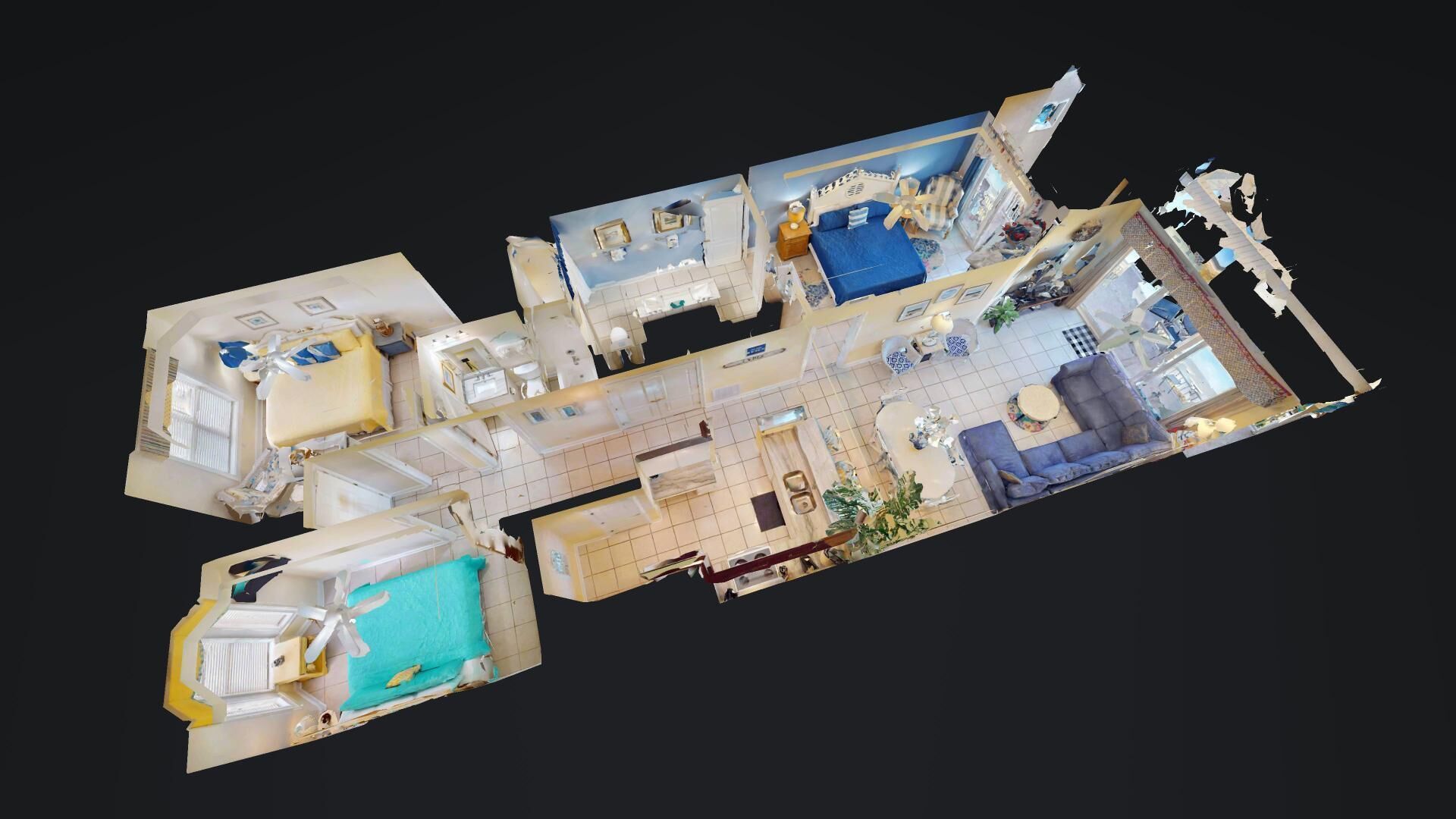 Un plan d’étage en 3D d’un hôtel comprenant plusieurs chambres, une cuisine et un coin repas.