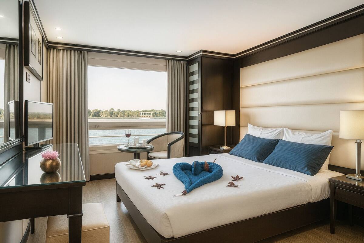 A hotel room with a large bed, a desk with a TV, a view of a body of water, and a window with curtains.