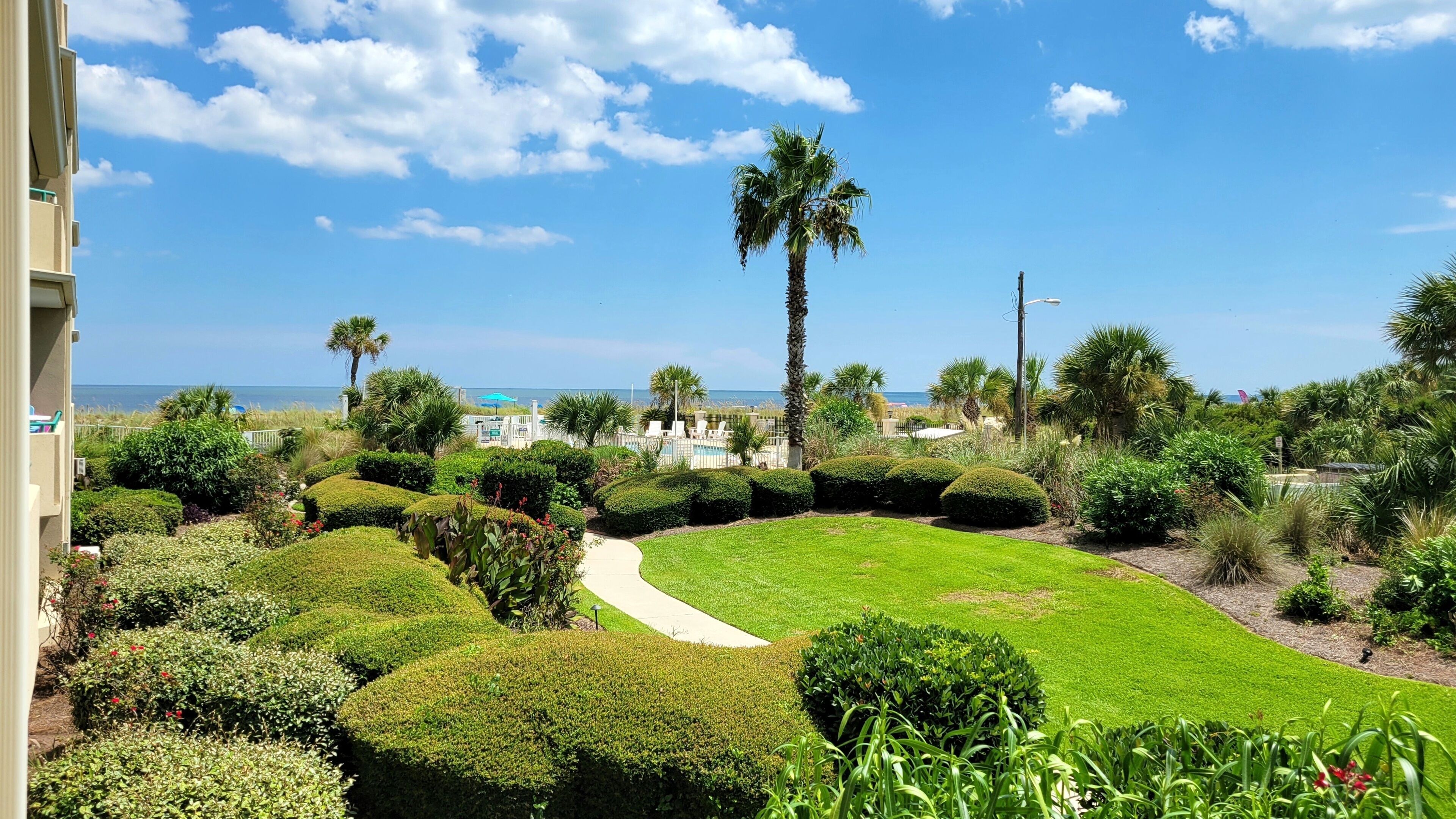 Un jardin bien entretenu, avec un chemin bien défini, des palmiers et une vue sur l’océan.