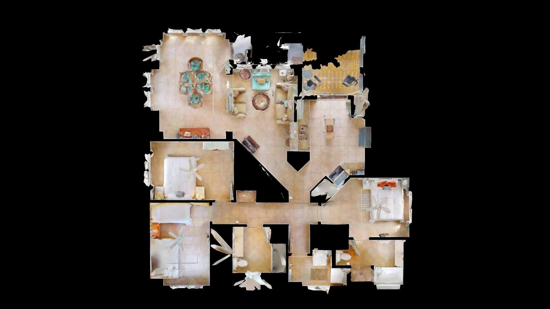 A hotel layout with multiple rooms, a central hallway, and a dining area.