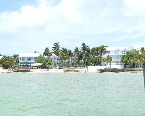 A beachfront hotel with multiple buildings, palm trees, and a clear view of the ocean.