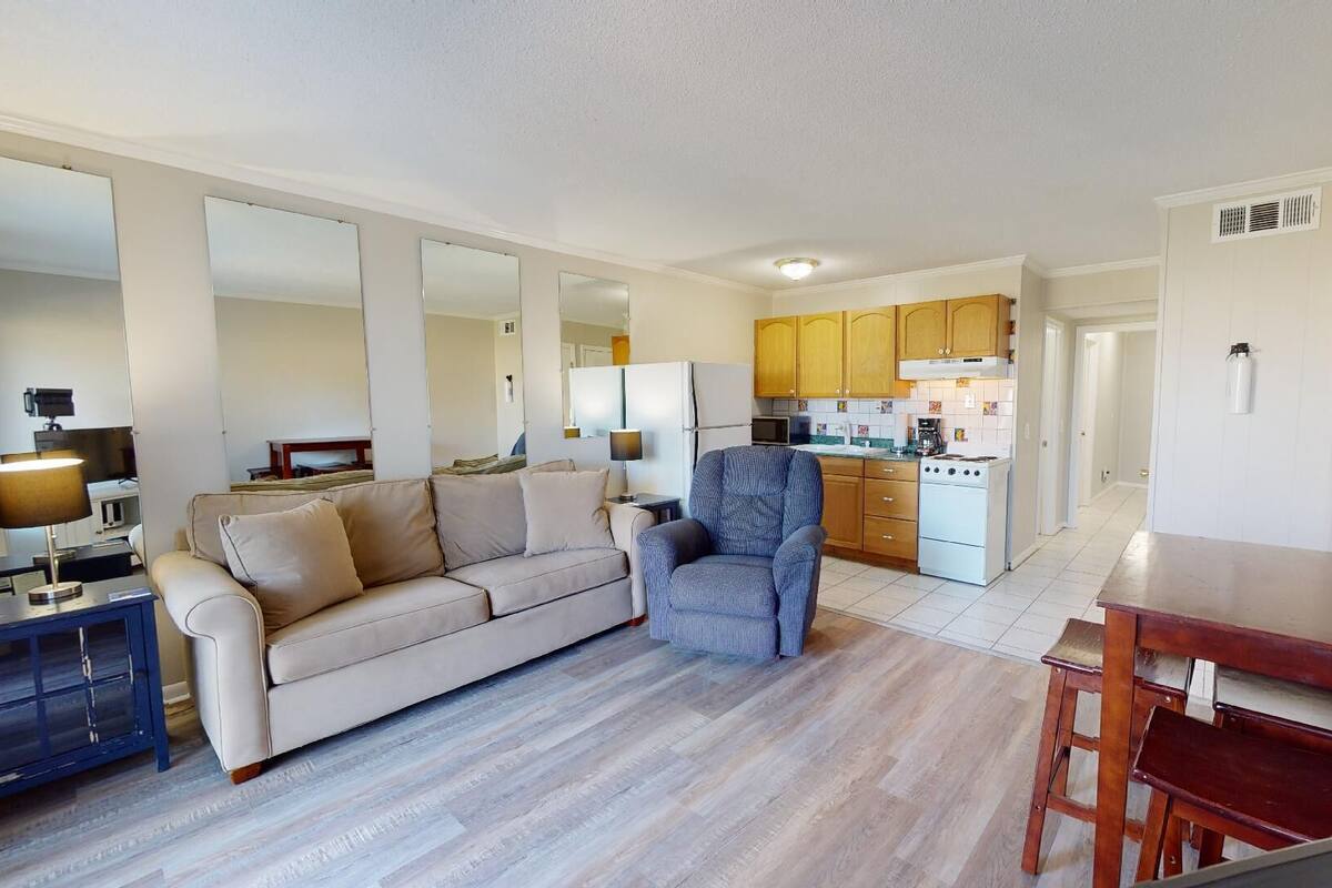A compact living space with a sofa, armchair, dining table, and kitchenette.