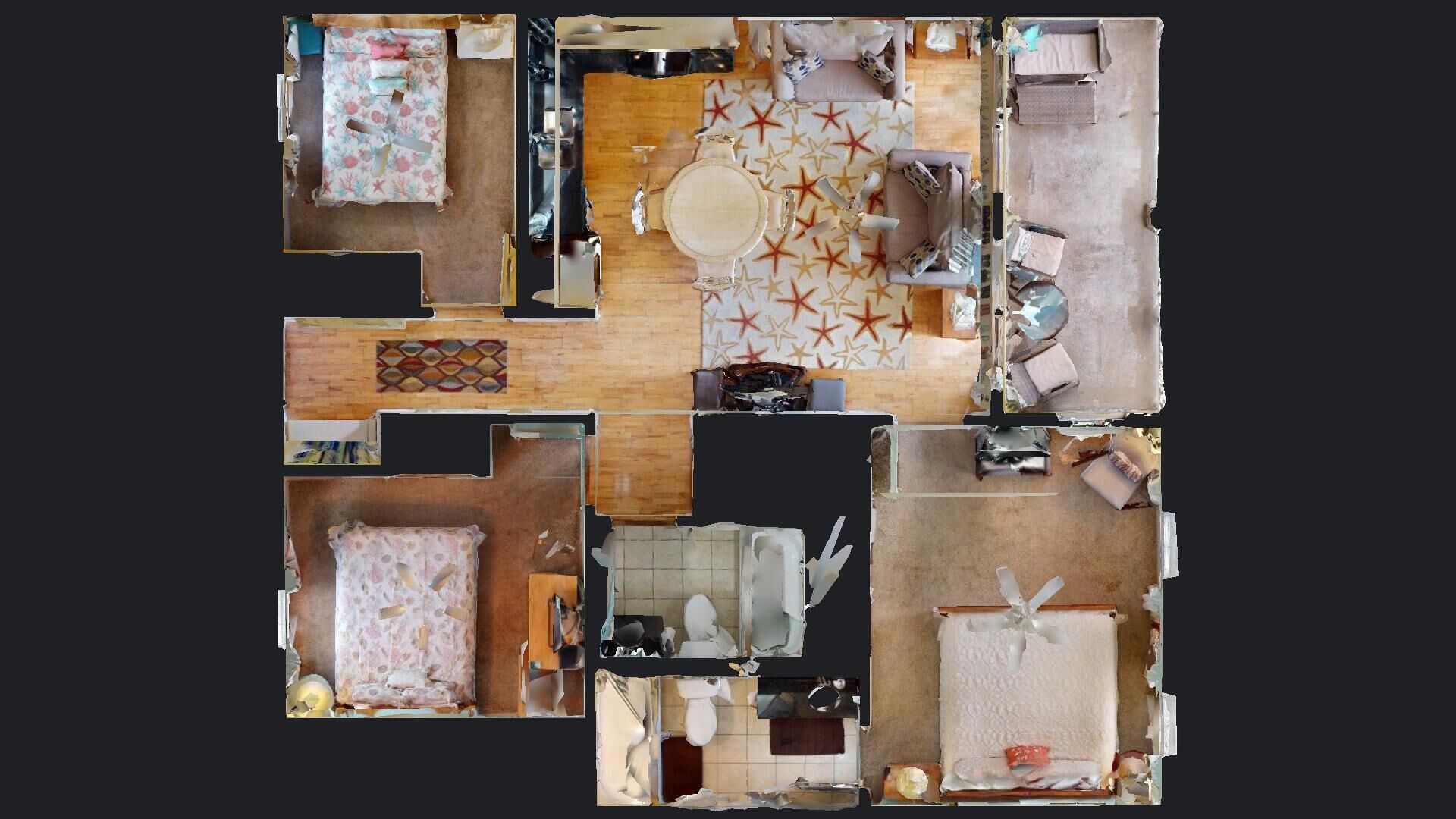 A floor plan of a hotel room with a bed, a desk, a chair, a small table, and a window.