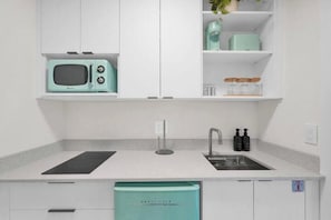 Fridge, microwave, stovetop, coffee/tea maker
