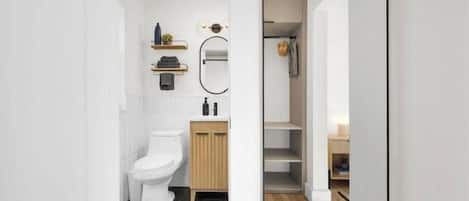 Hair dryer, towels, soap, shampoo