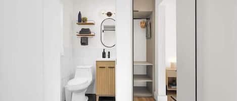 Hair dryer, towels, soap, shampoo