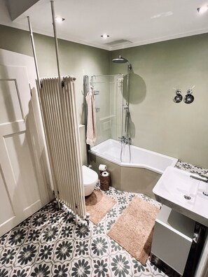 Hair dryer, towels, soap, toilet paper