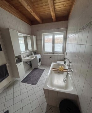 Hair dryer, towels, soap, toilet paper